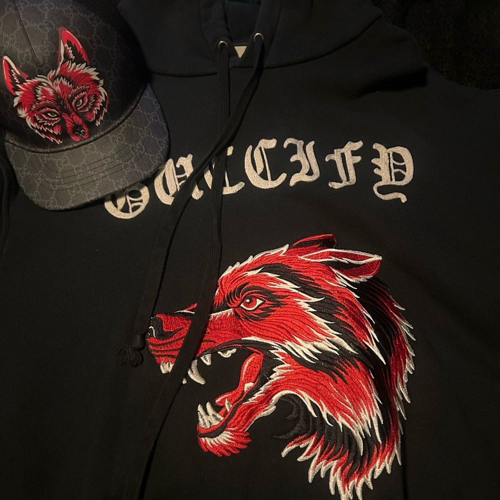 Gucci Black Hoodie with Red Wolf Embroidery